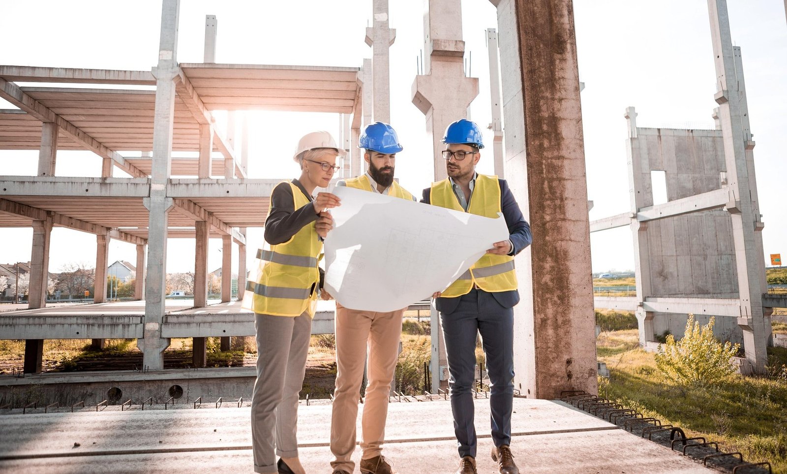 Photo: engineers reviewing plans on site
